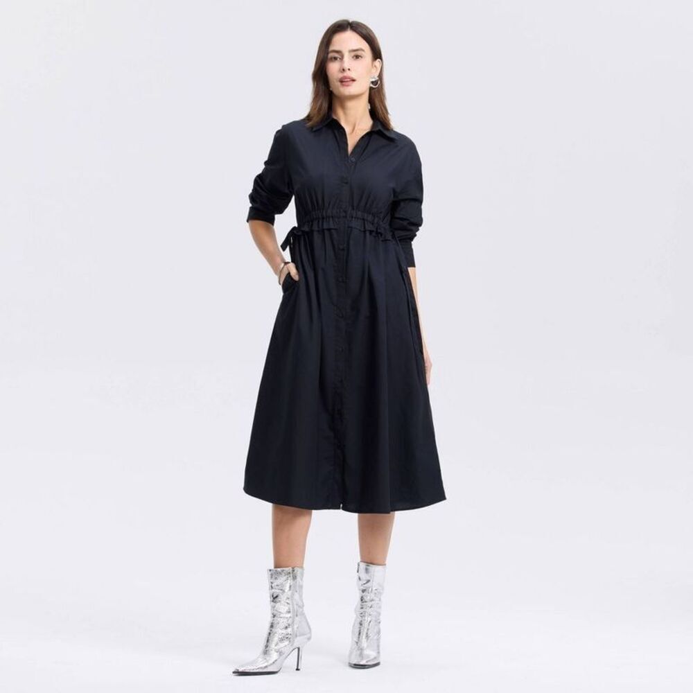 Women's Long Sleeve Midi Shirtdress - A New Day Black XS